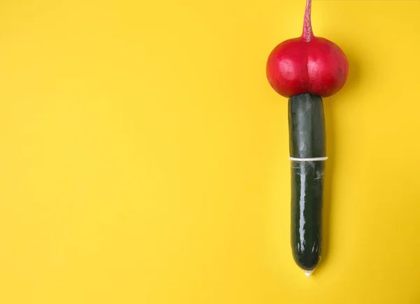 Fresh Radish Zucchini Condom Color Background Erotic Concept — Stock Photo, Image