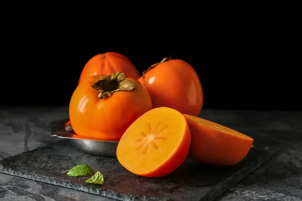 Plate Ripe Persimmons Table — Stock Photo, Image