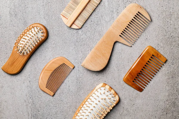 Many Different Combs Hairbrushes Grey Background Flat Lay — Stock Photo, Image