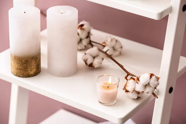 Burning Candles Cotton Flowers Shelf — Stock Photo, Image