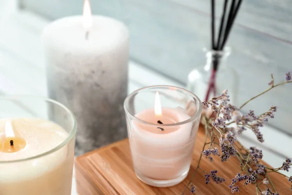 Beautiful Burning Candle Wooden Box — Stock Photo, Image