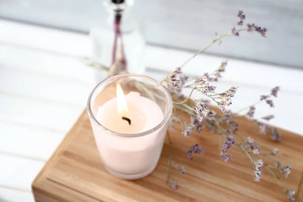 Beautiful Burning Candle Wooden Box — Stock Photo, Image