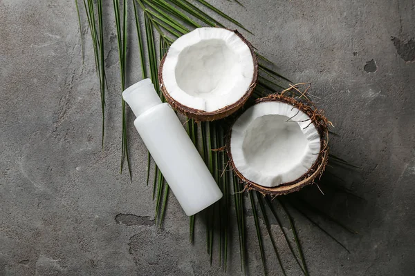 Flat Lay Composition Natural Cosmetics Coconut Grey Background — Stock Photo, Image