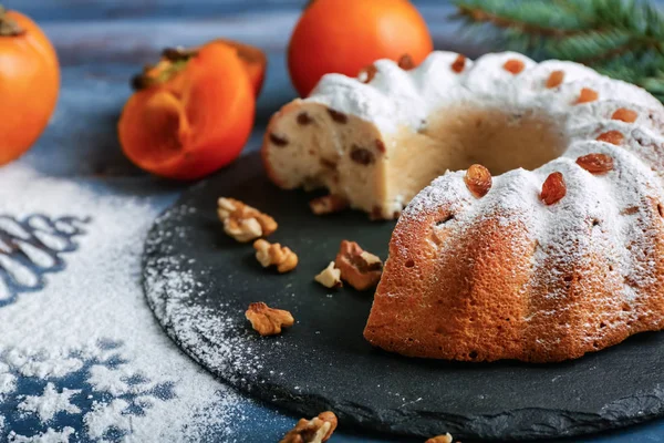 Slate Plate Delicious Christmas Cake Persimmons Color Table — Stock Photo, Image