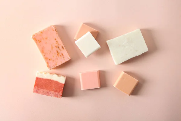 Handmade Soap Bars Color Background Flat Lay — Stock Photo, Image
