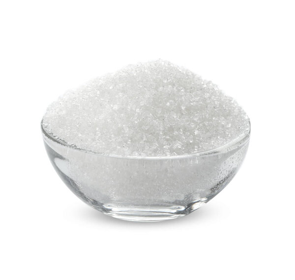 Bowl with refined sugar on white background