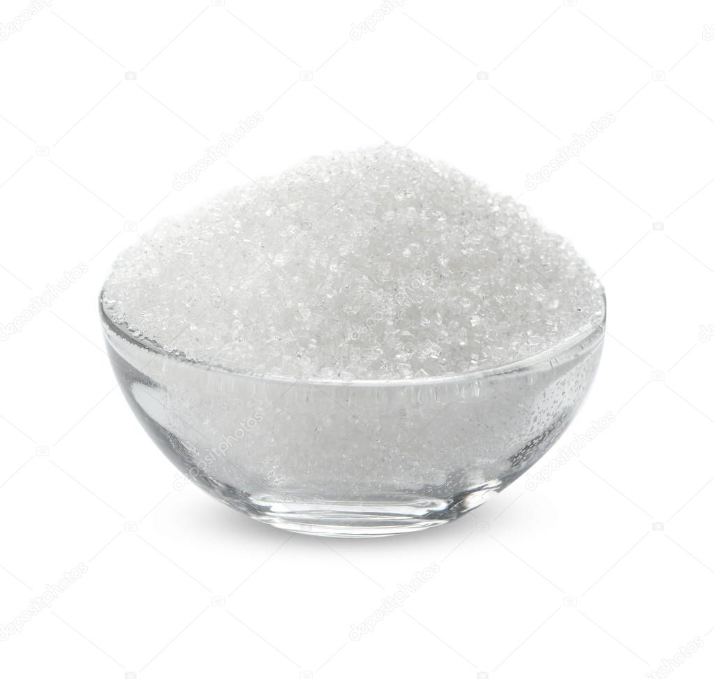 Bowl with refined sugar on white background