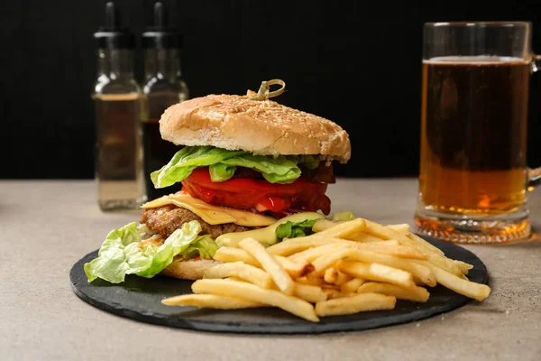 Slate Plate Tasty Burger French Fries Table — Stock Photo, Image