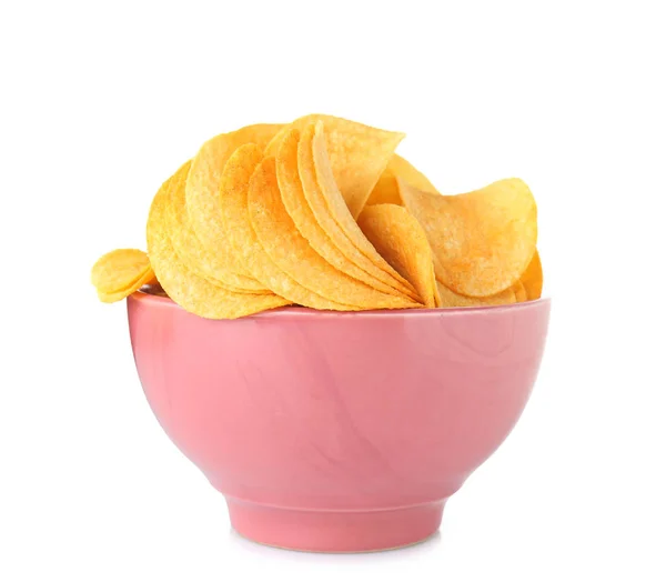 Skål Med Läckra Krispiga Pommes Frites Vit Bakgrund — Stockfoto