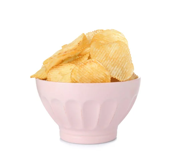 Bol Avec Savoureuses Chips Croustillantes Sur Fond Blanc — Photo