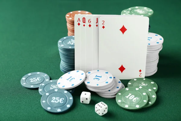 Chips Cards Dices Poker Game Green Table Casino — Stock Photo, Image