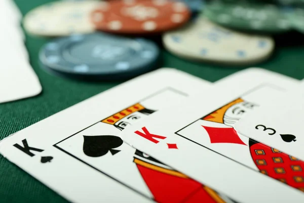 Cartões Para Jogo Poker Mesa Close — Fotografia de Stock