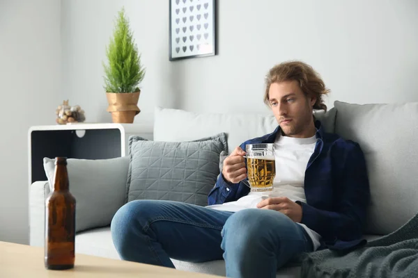 Depressed Young Man Drinking Beer Home Alcoholism Concept — Stock Photo, Image