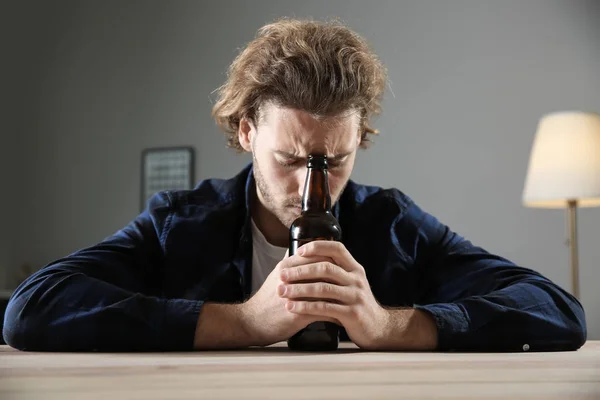 Depressed Young Man Bottle Beer Table Alcoholism Concept — Stock Photo, Image