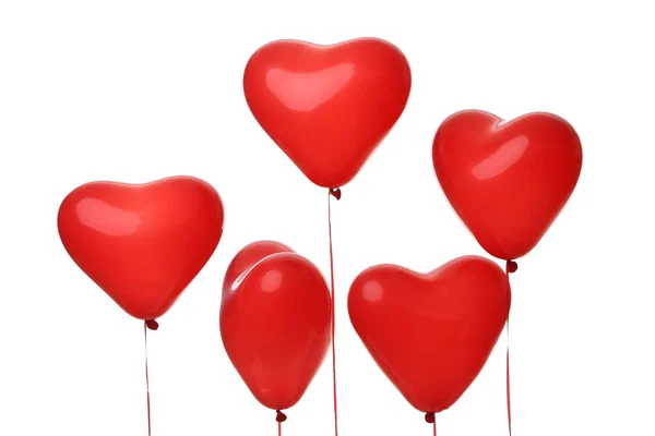 Красные Воздушные Шары Форме Сердца День Святого Валентина Белом Фоне — стоковое фото