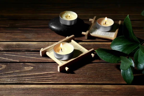 Burning Candles Wooden Background — Stock Photo, Image