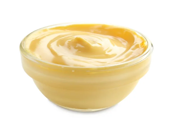 Leckere Gelbe Sauce Schüssel Auf Weißem Hintergrund — Stockfoto