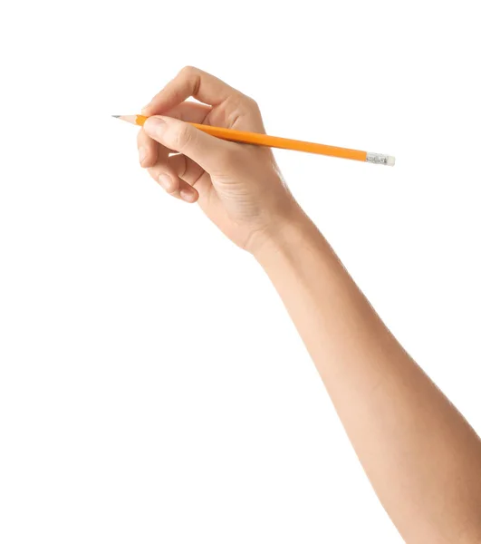 女性手与铅笔在白色背景 — 图库照片