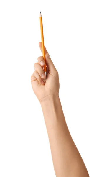 女性手与铅笔在白色背景 — 图库照片