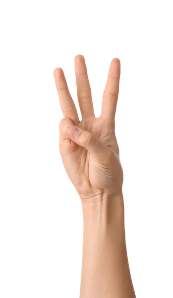 Γυναικείο Χέρι Που Δείχνει Τρία Δάχτυλα Λευκό Φόντο — Φωτογραφία Αρχείου