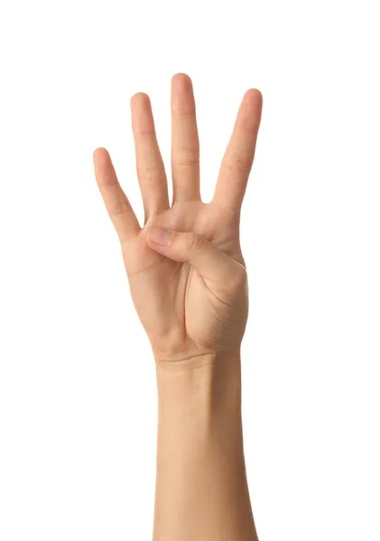 Mano Femenina Mostrando Cuatro Dedos Sobre Fondo Blanco —  Fotos de Stock