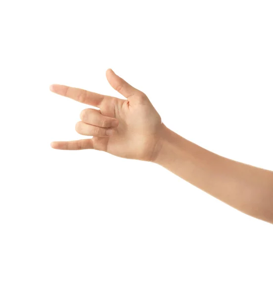 Mão Feminina Mostrando Gesto Chifres Diabo Fundo Branco — Fotografia de Stock