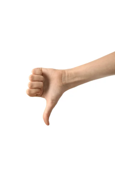 Жіноча Рука Показує Жест Великого Пальця Вниз Білому Тлі — стокове фото