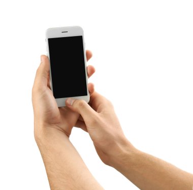 Holding cep telefonu beyaz arka plan üzerinde genç adam