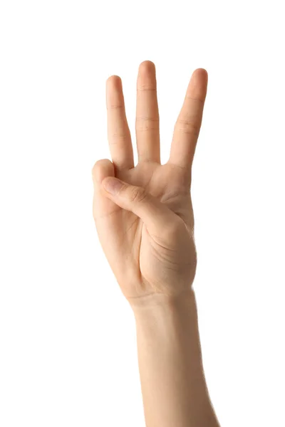 Mão Feminina Mostrando Três Dedos Fundo Branco — Fotografia de Stock