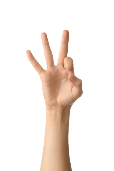 Mão Feminina Mostrando Gesto Fundo Branco — Fotografia de Stock