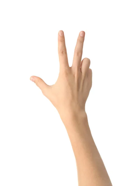 Женская Рука Показывает Три Пальца Белом Фоне — стоковое фото