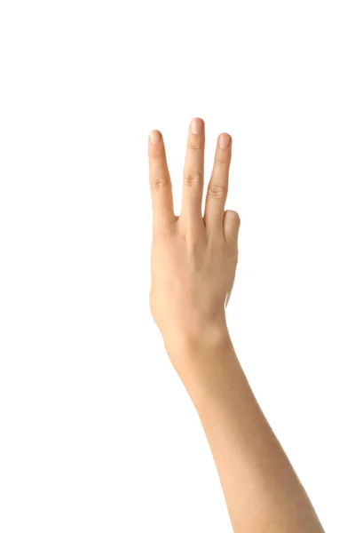 Kobieta Ręka Pokazuje Trzy Palce Białym Tle — Zdjęcie stockowe