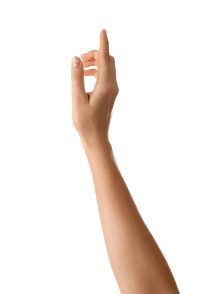 Female Hand Pointing Something White Background — Stock Photo, Image