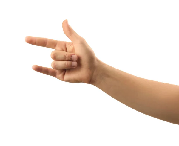 Mão Masculina Mostrando Gesto Chifres Diabo Fundo Branco — Fotografia de Stock