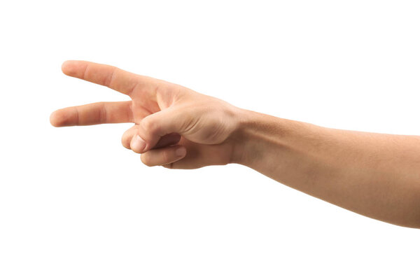 Мужская рука показывает два пальца на белом фоне
