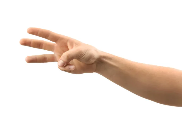 Mužské Ruky Ukazující Tři Prsty Bílém Pozadí — Stock fotografie