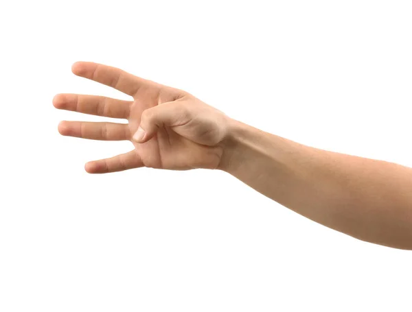 Αρσενική Χέρι Δείχνει Τέσσερα Δάκτυλα Λευκό Φόντο — Φωτογραφία Αρχείου