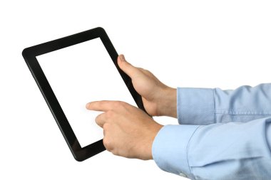 genç işadamı beyaz zemin üzerine Tablet PC'yi kullanma