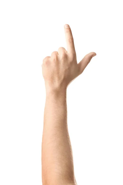 Mężczyzna Ręka Wskazując Coś Białym Tle — Zdjęcie stockowe