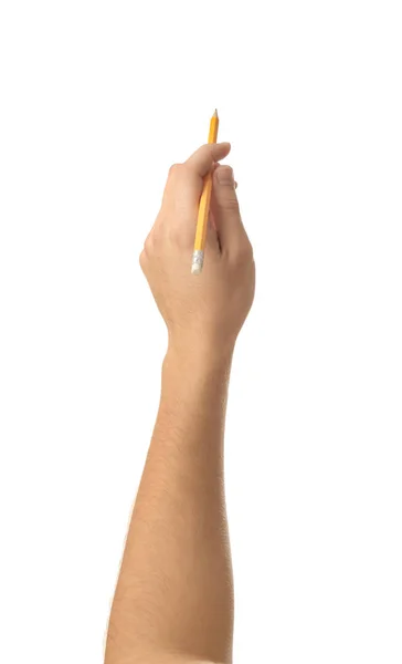 白い背景の上の鉛筆を持つ男性の手 — ストック写真