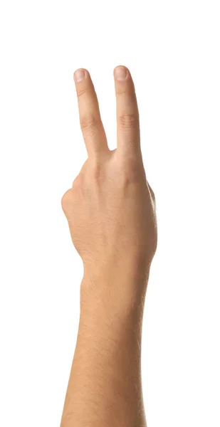 Mão Masculina Mostrando Dois Dedos Fundo Branco — Fotografia de Stock