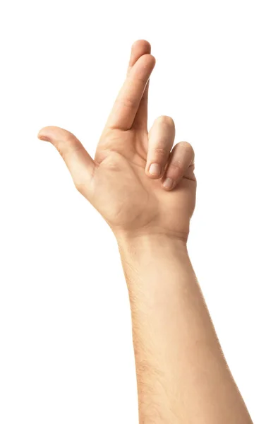 白い背景の上の交差した指で男性の手 — ストック写真