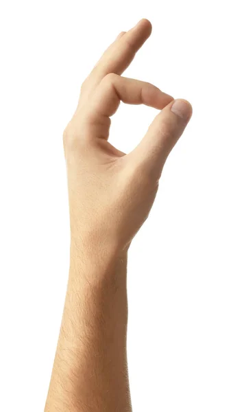 Αρσενική Χέρι Δείχνει Χειρονομία Λευκό Φόντο — Φωτογραφία Αρχείου