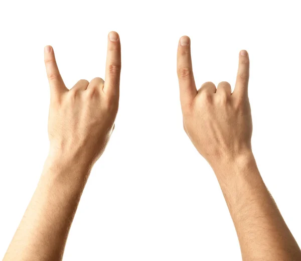 Mannelijke Handen Tonen Duivel Hoorns Gebaar Witte Achtergrond — Stockfoto