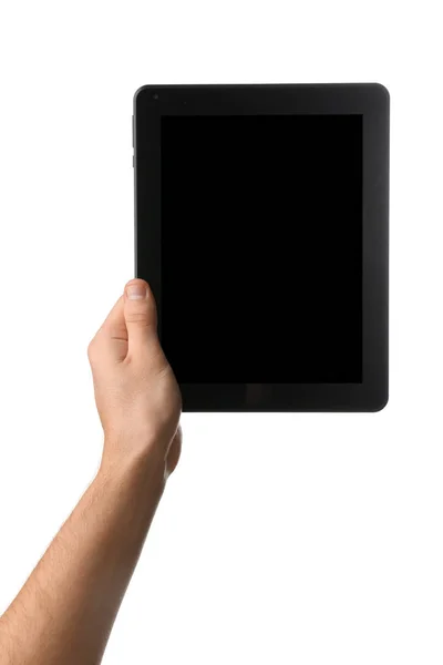 Young Man Holding Tablet White Background — Stock Photo, Image