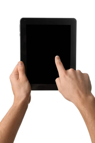 Young Man Using Tablet White Background — Stock Photo, Image