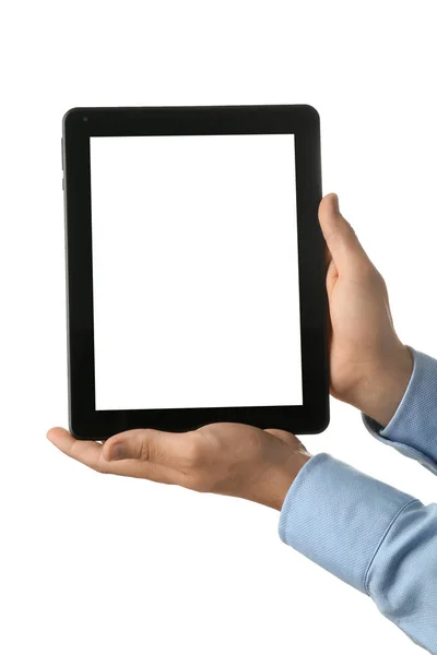 Young Businessman Holding Tablet White Background — Stock Photo, Image