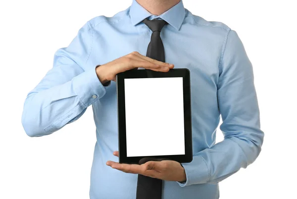 Young Businessman Holding Tablet White Background — Stock Photo, Image