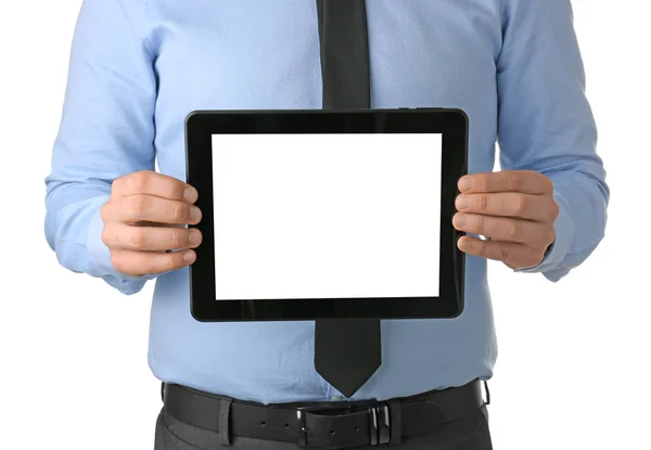 Young Businessman Holding Tablet White Background — Stock Photo, Image