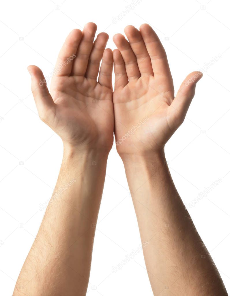 Male hands on white background